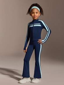 女童长袖外套和瑜伽裤套装，运动外套，健身休闲户外运动服套装，普拉提专业健身运动服套装，四向弹力面料，高弹力 - 藏蓝色 - 查看 4