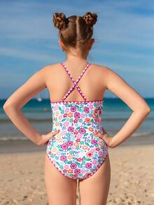 SHEIN Tween Girls Cute Ditsy Floral Knit Fabric Spaghetti Strap Crisscross One-Piece Swimsuit - Multicolor - View 2