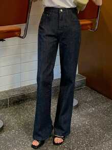 DAZY 女士修身直筒休闲牛仔裤，带口袋，百搭 - 藏蓝色 - 查看 5