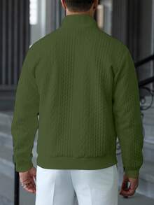 Manfinity CasualCool 男士休闲纯色纹理拉链立领卫衣，男士秋季新款纯白色简约休闲拉链套头卫衣，男士穿搭，日常通勤、旅行百搭单品 - 軍綠色 - 查看 2