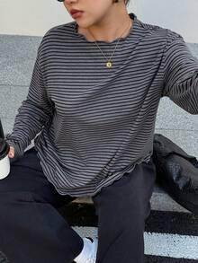 Dazy Plus Oversized Striped Short Sleeve Black & White Summer T-Shirt - Grey - View 1