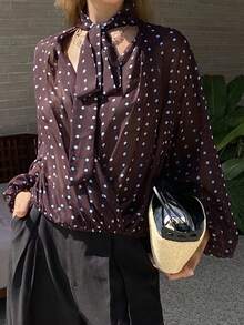 Livesso Polka Dot Print Loose Casual Chiffon Blouse With Tie Neck, Suitable For Spring, Summer, Valentine's Day, Wedding, Vacation, Beach, Elegant Office Wear, Thin Long Sleeve Women Shirt - Brown - View 2