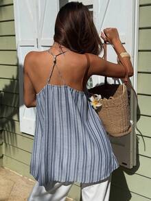 Livesso Áo camisole nữ thanh lịch với thiết kế xếp ly kẻ sọc có họa tiết, phù hợp cho các dịp thường ngày, đi biển, đám cưới, ngày Valentine, mùa xuân/hè. - Màu xanh lam - Xem 3