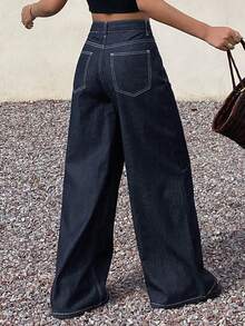 Livesso High Waist Casual Solid Color Women's Fashion Belt Loop Loose Fit Jeans - Dark Wash - View 2