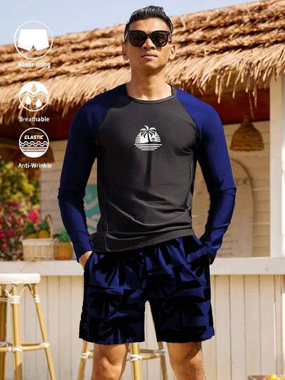 Manfinity Swimmode Conjunto de traje de baño para hombre con parte superior de manga raglán con estampado tropical y contraste de color, y pantalones cortos con cordón en la cintura