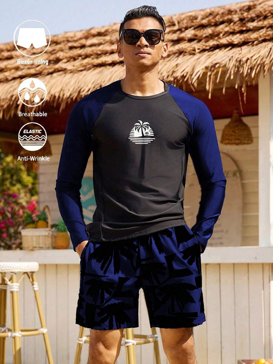 Manfinity Swimmode 2pcs Men's Tropical Print Contrast Color Raglan Sleeve Top And Drawstring Waist Shorts Swimsuit Set - Multicolor - View 1