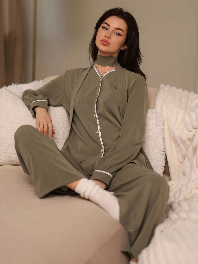 Charming Contrast Color Ruffle Trim Loose Women Pajama Set