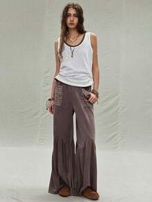 SoleilVie 女士做旧豹纹拼接喇叭裤 - 棕色 - 查看 6