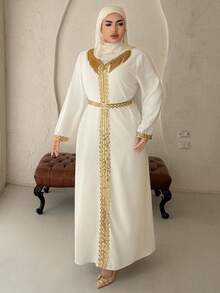 Dazy Plus Valentine Elegant Sequin Fringe Decor Long Sleeve Robe With Tie Waist, Plus Size, Spring/Summer Maxi Dress Sundress - White - View 2