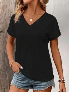SHEIN LUNE V领纯色休闲宽松夏季T恤 - 黑色 - 查看 5