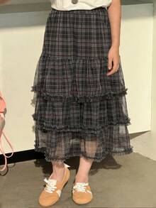 DAZY 少女松紧腰多层荷叶边格子裙 - 彩色 - 查看 1
