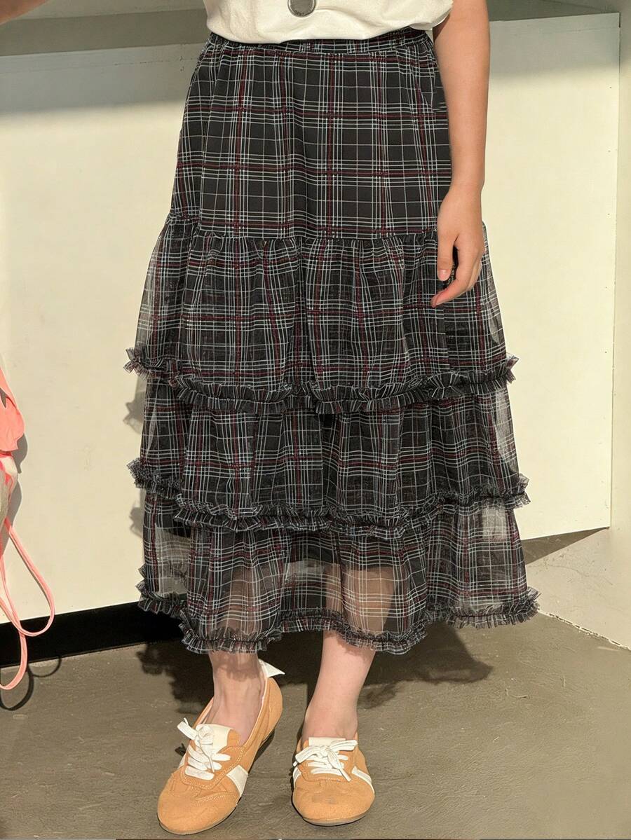 DAZY 少女松紧腰多层荷叶边格子裙 - 彩色 - 查看 1