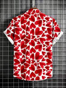 Manfinity Homme Áo sơ mi nam tay ngắn in hình trái tim, cài cúc phía trước, kiểu dáng thường ngày, thời trang. - trắng - Xem 2