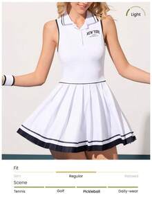 CourtClass 女士无袖半拉链休闲褶皱运动连衣裙，夏季 - 黑與白 - 查看 4