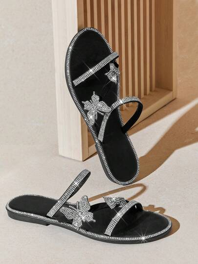 SHUZIA #UrbanShine Women's Crystal Butterfly Multi-Strap Black Sandals – Luxe, Modern & Statement-Making