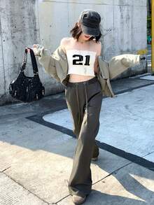 DAZY Women's Casual Korean Style Drawstring Waist Wide Leg Pants - Khaki - View 7