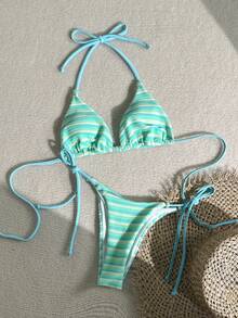 Swim Mod Letni zestaw bikini w paski z koralikami i niebieskim aqua blue na wakacje 2022, uroczy, dwuczęściowy - Wielokolorowe - Zobacz 6
