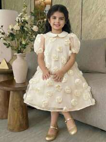 Young Girl 3D Bow Cute Peter Pan Collar Petal Sleeve Dress Casual Versatile Young Girl - Apricot - View 1