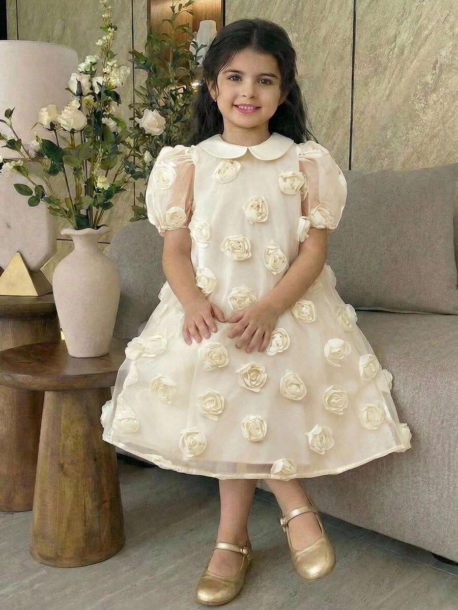 Young Girl 3D Bow Cute Peter Pan Collar Petal Sleeve Dress Casual Versatile Young Girl - Apricot - View 1