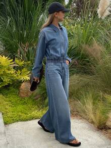 DAZY Women's Denim Jacket With Collar & Zipper And Loose Straight-Leg Jeans Casual Suit - Medium Wash - View 2