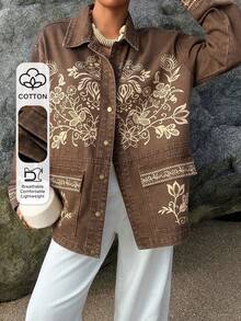 DAZY Women's Lapel Loose Bohemian Floral Pattern Urban Casual Denim Jacket And Coat - Brown - View 1