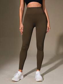 SHEIN Sports 女式高腰罗纹无缝修身打底裤 - 云朵柔软 第二层肌肤柔软度 速干透气 四向弹力打底裤 适合跑步 骑行 瑜伽 泡菜球 运动 休闲装，黑色 - 棕色 - 查看 6