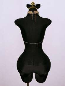 SHEIN DivaQ Women's Metal Halter Neck Top, Sexy Backless Top, Suitable For Music Festivals, Carnivals, And Parties Sparkle Top Rhinestone Top - Gold - View 2