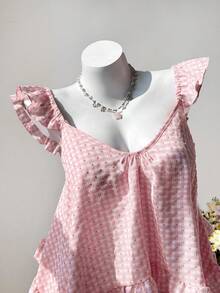 Sweetra Nuevo top sin mangas de verano con diseño de volantes asimétricos y estampado de cuadros rosas a la moda - Rosa - Ver 3