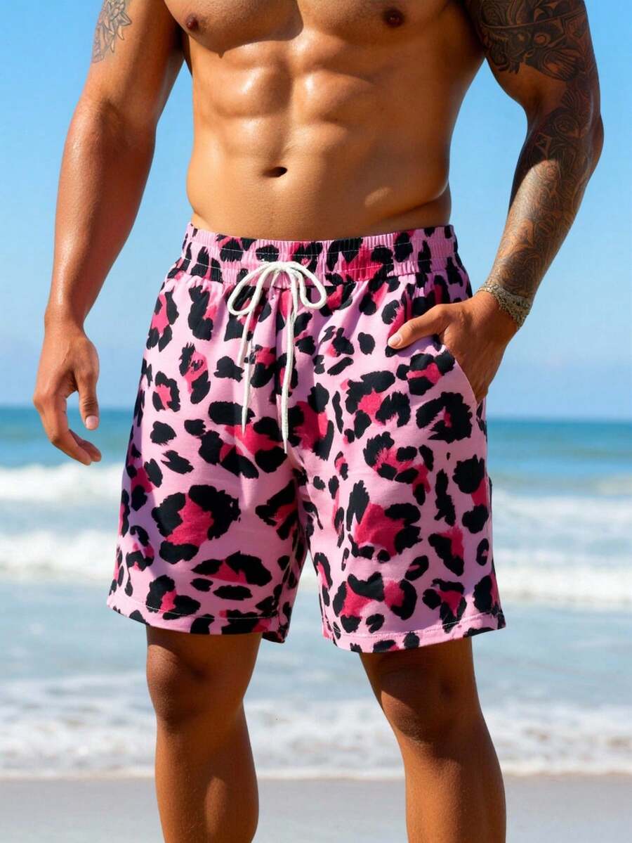 Manfinity Swimmode Men's Drawstring Waist Pockets All-Over Print Casual Beach Shorts - Pink - View 1
