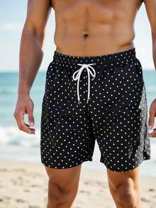 Manfinity Swimmode 男士抽绳腰带口袋波点休闲沙滩短裤 - 黑色 - 查看 5
