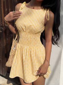 MainGRL 夏季休闲度假黄色格子吊带迷你连衣裙 - 黃色 - 查看 6