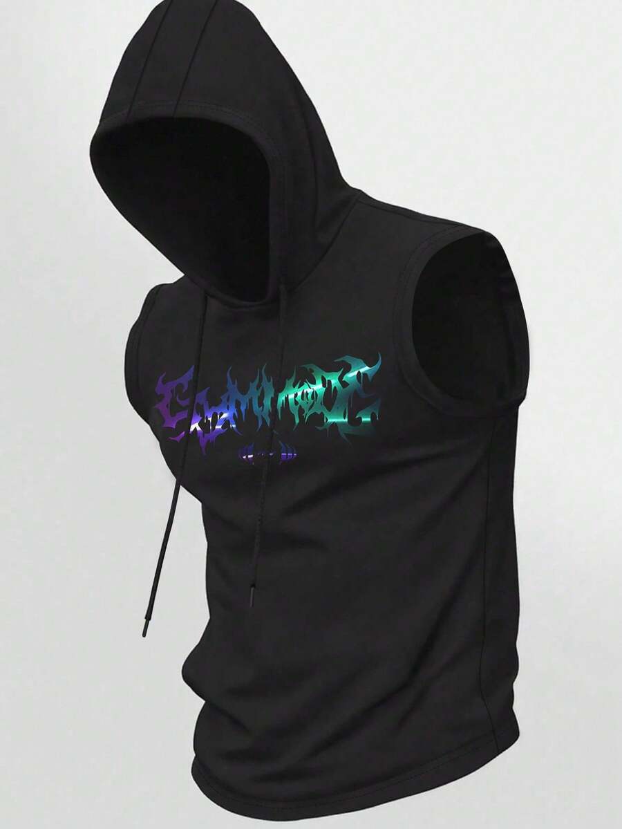 Manfinity Sport Corelite 男士字母印花休闲抽绳连帽卫衣，适合日常穿着 - 黑色 - 查看 1