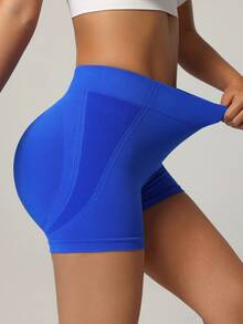 Dewbera Quần short thể thao cạp cao in chữ, co giãn, ôm dáng, thích hợp cho mùa hè. - Màu xanh lam - Xem 5