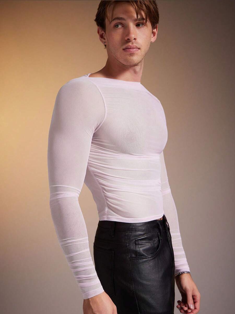 FeverCity Men's Sheer Long Sleeve Slim Fit T-Shirt - White - View 1