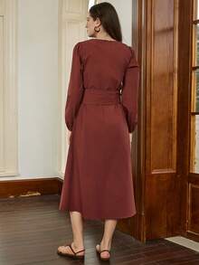 Dazy-Less 女士优雅前系带灯笼袖长连衣裙，秋季商务休闲女式吊带裙 - 棕色 - 查看 5