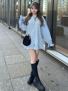 FRIFUL Women's Solid Color Minimalist Long Sleeve Shirt, Casual Everyday Wear - Blue - View 5