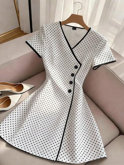 GlowEve Women's V-Neck Polka Dot Contrast Color Short Sleeve A-Line Dress
