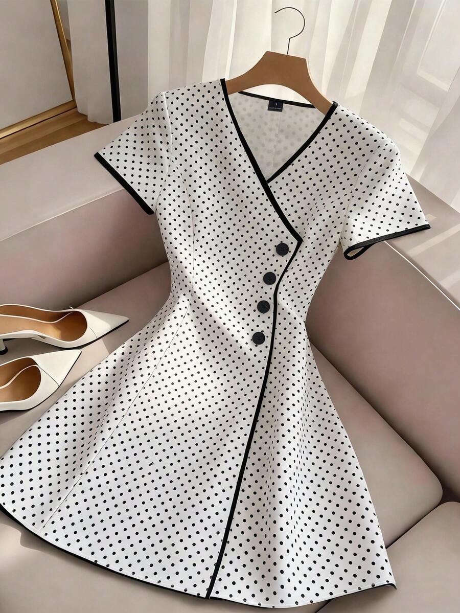GlowEve 女士V领波点撞色短袖A字连衣裙 - 白色 - 查看 1