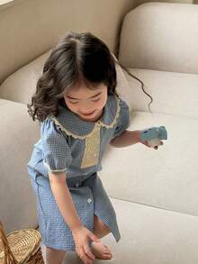 DAZY Baby Girl Summer Plaid Print Peter Pan Collar Contrast Lace Puff Sleeve Loose Nightgown - Blue - View 5