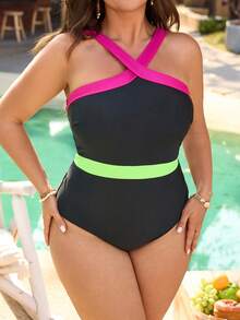 Swim Vcay Plus Size European & American Style Neon Color Block X-Front One-Piece Swimsuit For Women, Tummy Slimming - Black - View 6