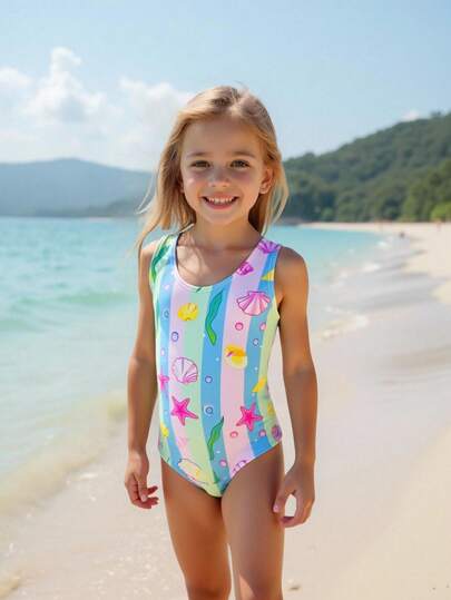 Girls' One Piece Swimsuit, Featuring A Vibrant Pastel Striped Design With Cute Seashell And Starfish Prints, Is The Perfect Choice For Summer Beach Days And Swimming Lessons. Made From Soft, Quick-Dry, And Stretchy Material, This Sleeveless Swimsuit Ensures Comfort And Flexibility For Young Girls Vacations And Pool Parties,Cute Marine Life Graphic With Stripes Colorful And Joyful