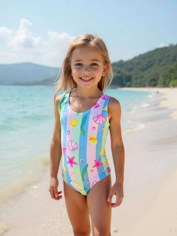 Girls' One Piece Swimsuit, Featuring A Vibrant Pastel Striped Design With Cute Seashell And Starfish Prints, Is The Perfect Choice For Summer Beach Days And Swimming Lessons. Made From Soft, Quick-Dry, And Stretchy Material, This Sleeveless Swimsuit Ensures Comfort And Flexibility For Young Girls Vacations And Pool Parties,Cute Marine Life Graphic With Stripes Colorful And Joyful