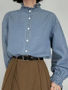 FRIFUL Women's Casual Washed Denim Long Sleeve Shirt