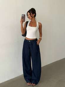 Aloruh Jeans évasés mode femme, style de rue, décontracté, polyvalent pour le quotidien - Bleu azur - Voir 9