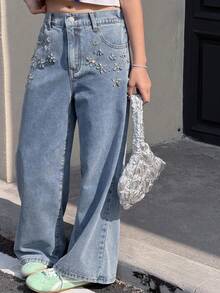 DAZY 少女水钻装饰牛仔裤 - 藍色 - 查看 5