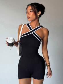 Dewbera 露背撞色滚边紧身无袖连体裤 - 黑色 - 查看 1