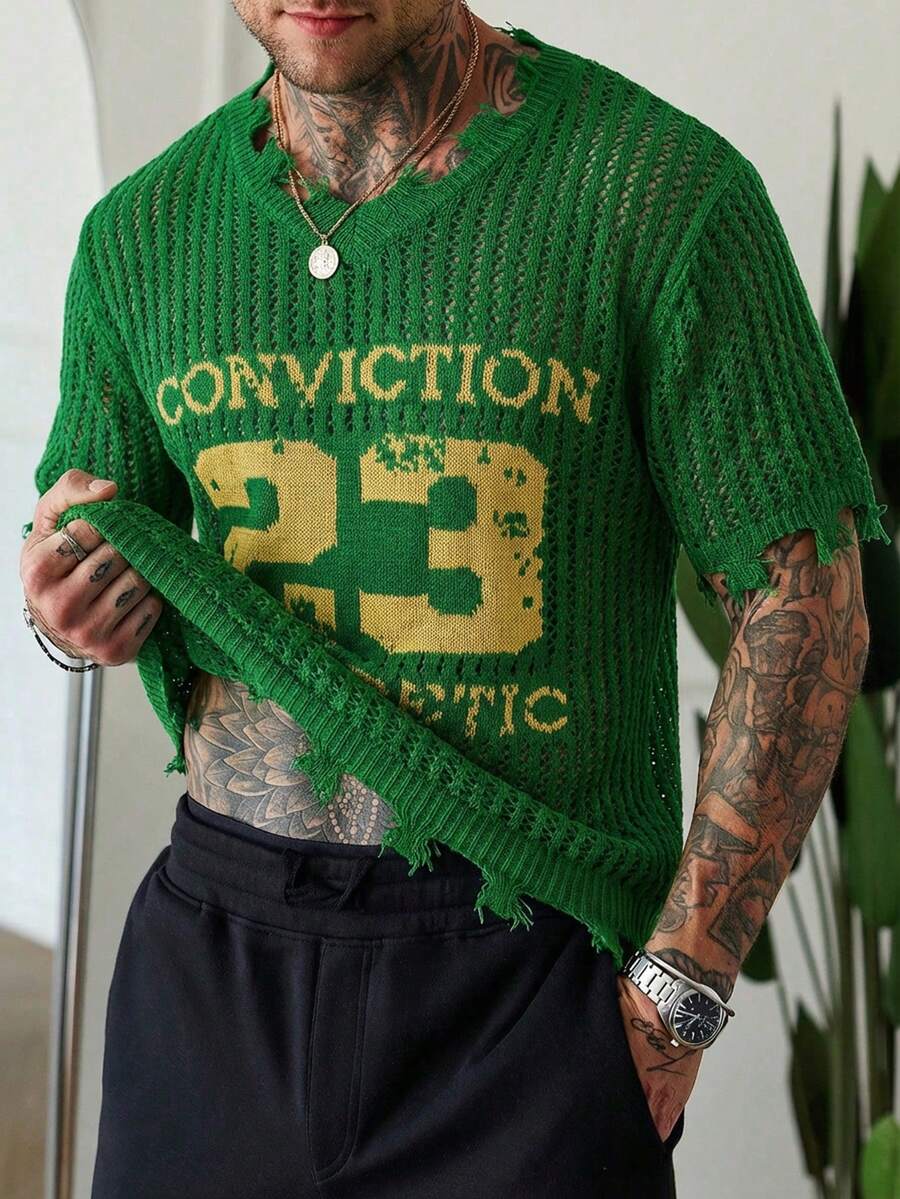 Manfinity Homme Camiseta de punto de manga corta casual con gráfico de letras y números para hombres - Verde militar - Ver 1