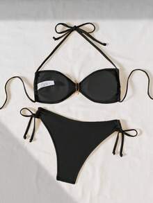 Swim Chiccia Conjunto de bikini con hebilla de metal y tela texturizada - Negro - Ver 2
