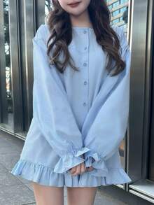 FRIFUL Women's Solid Color Minimalist Long Sleeve Shirt, Casual Everyday Wear - Blue - View 6