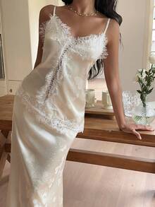 Sweetra Elegant French Style Jacquard Print Bright Yellow Camisole Paired With Graceful Lace Patchwork Midi Skirt, Women 2-Piece Set - Yellow - View 5